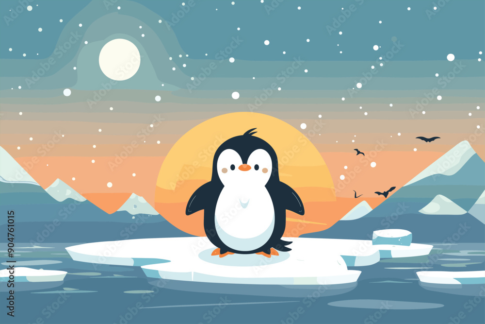 Naklejka premium cute penguin in a ice hill on rising sun winter Flat style cartoon vector illustration. Penguins at Sunset. Happy Penguin On An Ice Floe.