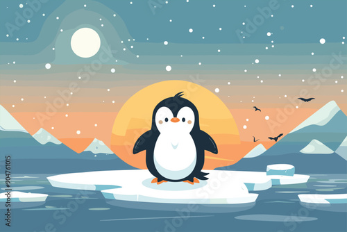 cute penguin in a ice hill on rising sun winter Flat style cartoon vector illustration. Penguins at Sunset. Happy Penguin On An Ice Floe. 