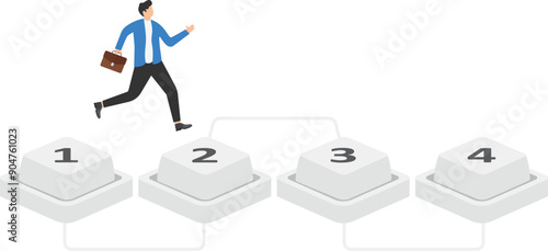 isometric vector illustration on a gray background, infographics in the form of five keyboard buttons and a man jumping on them, a step-by-step path to success

