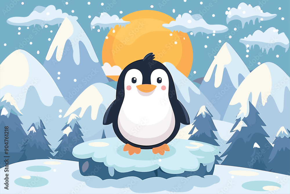 Obraz premium cute penguin in a ice hill on rising sun winter Flat style cartoon vector illustration. Penguins at Sunset. Happy Penguin On An Ice Floe. 