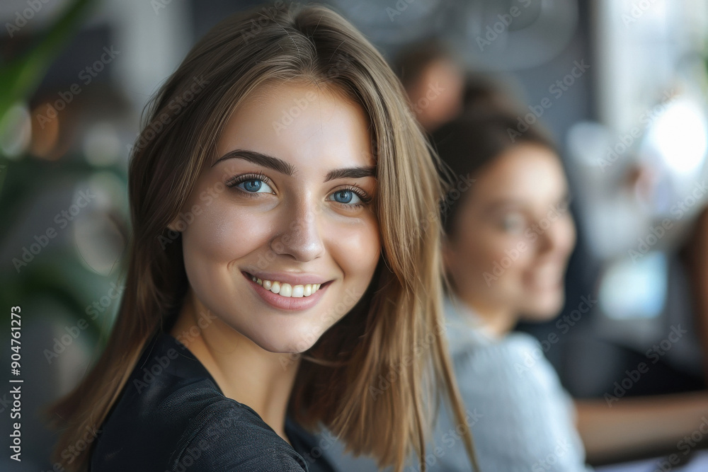 Young happy businesswoman having meeting with her colleagues in office Young happy businesswoman having meeting with her colleagues in office