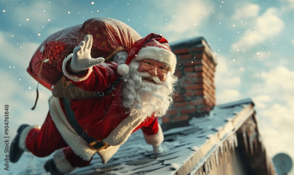 Cheerful Santa Claus Carrying a Red Bag with Gifts and Presents to Children, Walking on a Roof of a House on Christmas Eve. Santa Waving To Camera and, Generative AI