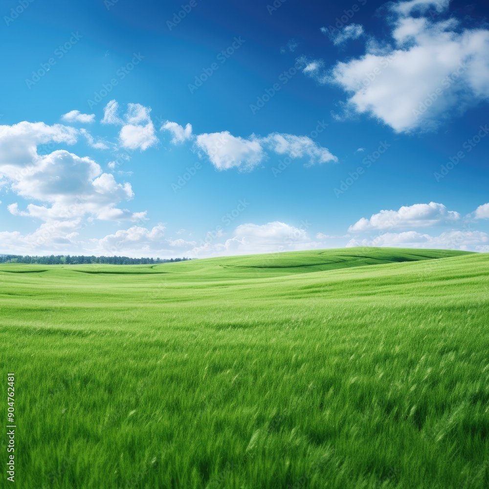 Lush green field with flowers and clouds in the sky Lush green field with flowers and clouds in the sky