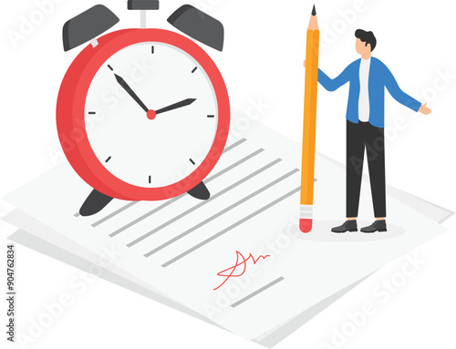 isometric vector image on a white background, a man in a business suit stands on a document near the clock, temporary contract

