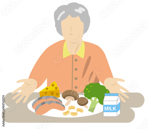 骨粗鬆症を予防するバランスの取れた食事を食べる高齢者女性
