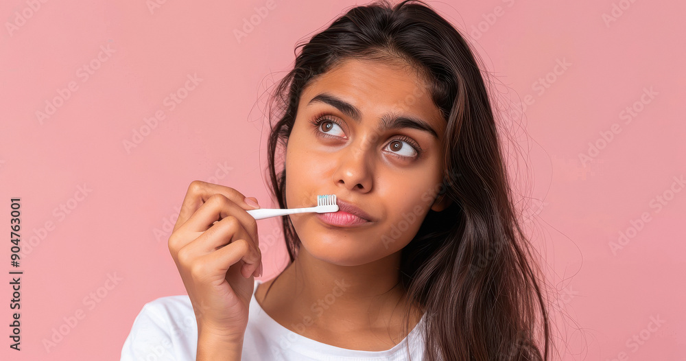 young indian woman with a pensive expression holding a toothbrush, contemplating dental health. young indian woman with a pensive expression holding a toothbrush, contemplating dental health.