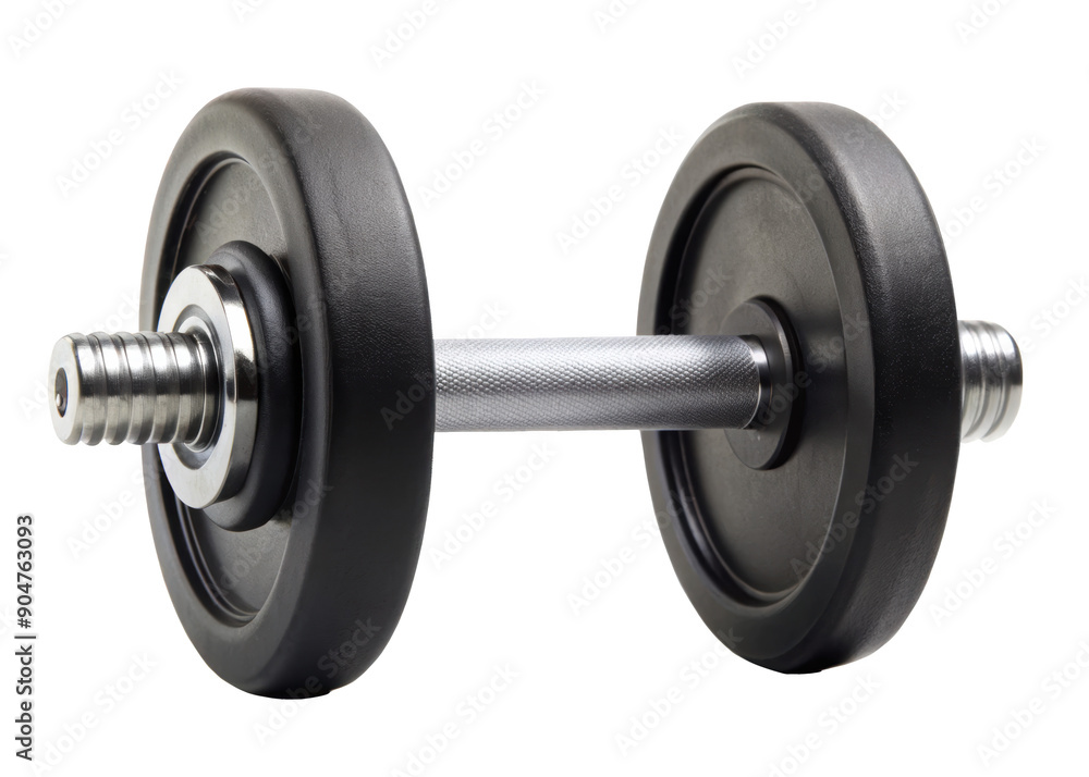 A black dumbbell with a textured handle. Suitable for various strength training exercises. Isolated on transparent background, png. A black dumbbell with a textured handle. Suitable for various strength training exercises. Isolated on transparent background, png.