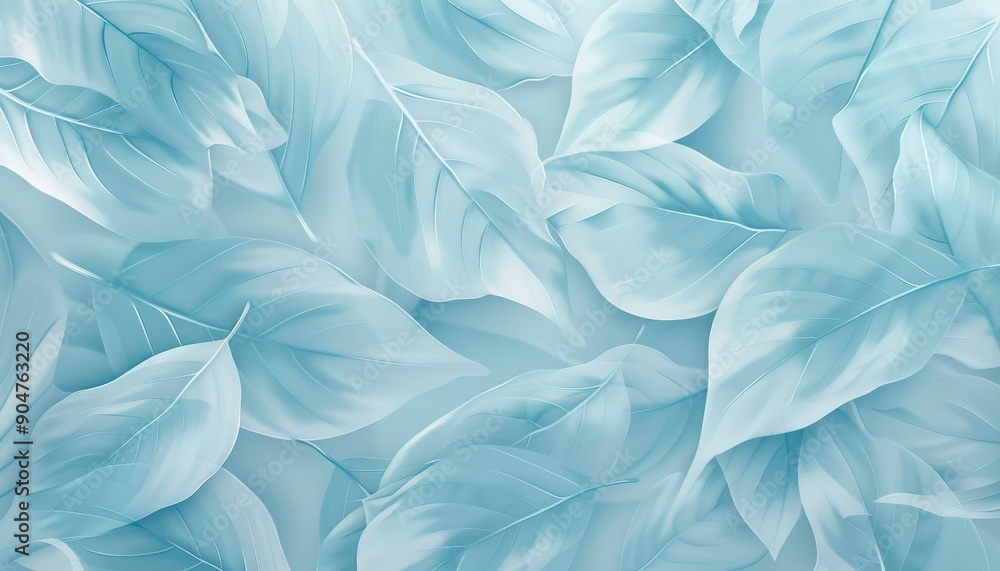 Obraz premium Minimalistic Light Blue Leaf Pattern Background with Overlapping Leaves, Smooth Lines, Gradients, Calming Effect, Subtle Elegance