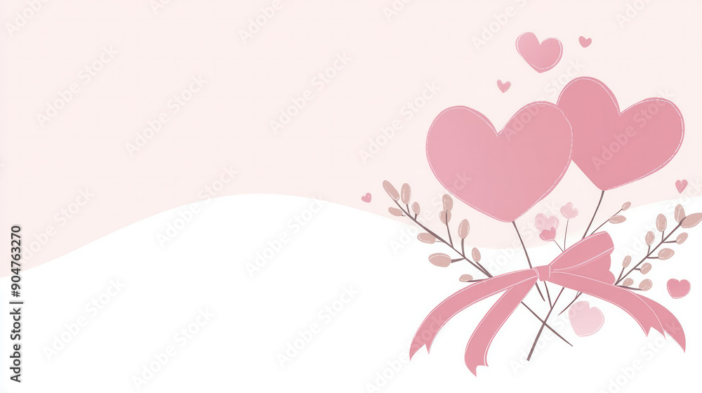 A pink background with three hearts and a ribbon A pink background with three hearts and a ribbon