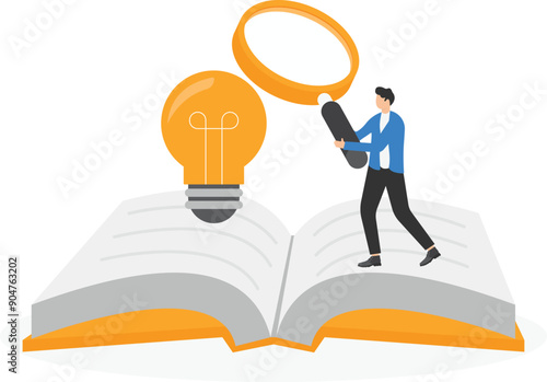 isometric vector illustration on gray background, open book and glowing light bulb with exclamation mark, knowledge in books and search for idea

