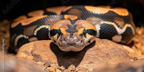 Coiled Ball Python Resting on Rock with Textured Skin in Natural Habitat photo