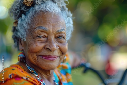 Older woman sitting on motorcycle in woods