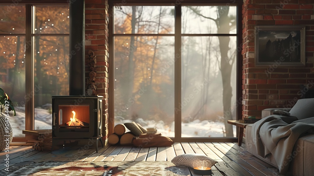 Cozy Living Room with Fireplace and Window View of Snowy Forest Cozy Living Room with Fireplace and Window View of Snowy Forest