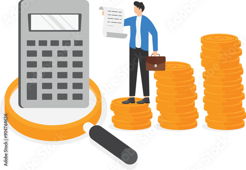 isometric vector illustration on a gray background, a man in business clothes sits on a chart of gold coins near a calculator, counting money or income statistics

