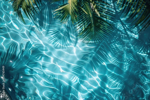 Blue pool with palm leaves