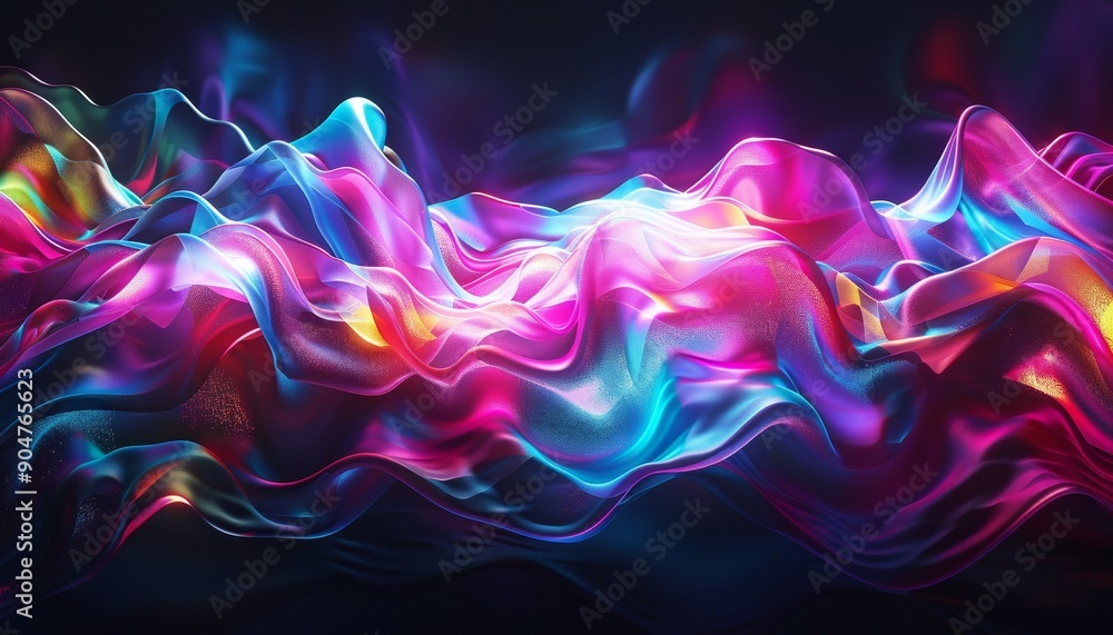 Obraz premium Vibrant Neon Waves in Surreal Digital Art Piece, Dark Background, Dynamic and Colorful, Futuristic Design
