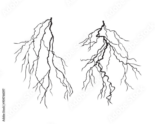 Lightning icons set. Lightning silhouettes isolated on white background. Electric bolts, Thunder strikes, Weather phenomenon icons template. Vector illustration. 