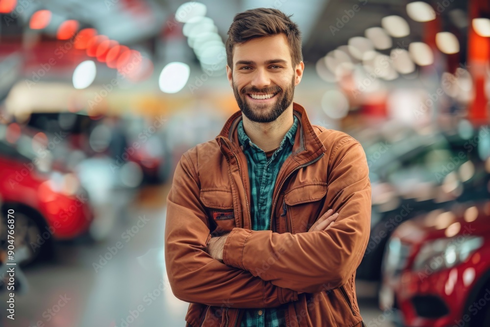 Fototapeta premium Smiling Man in Leather Jacket Standing with Arms Crossed in Car Showroom