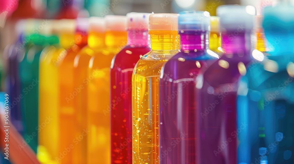 Bright Array of Colorful Liquid Bottles Bright Array of Colorful Liquid Bottles