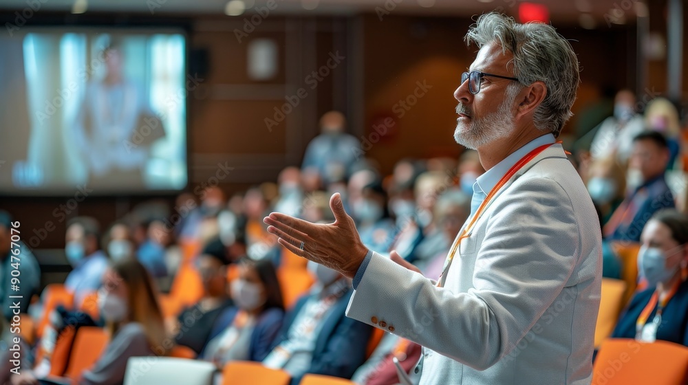 Back View Of Biopharma CEO Gesturing And Presenting To Audience of Diverse Industry Leaders. Male And Female Attendees Listening To Presentation About, Generative AI