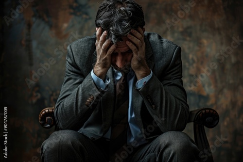 Frustrated Businessman in Suit Holding Head in Hands Sitting on Chair