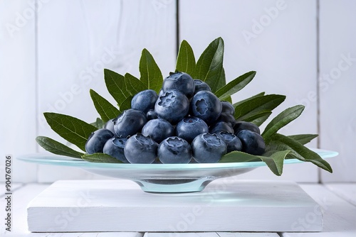 fresh blueberry fruits with leaf on white glass and white wood background healthy friuts concept photo