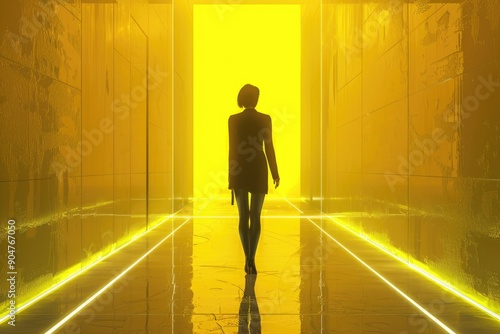 Silhouetted Woman Walking Towards Bright Yellow Light in Futuristic Hallway photo