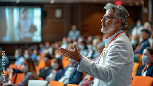 Obraz na płótnie Back View Of Biopharma CEO Gesturing And Presenting To Audience of Diverse Industry Leaders. Male And Female Attendees Listening To Presentation About, Generative AI w salonie