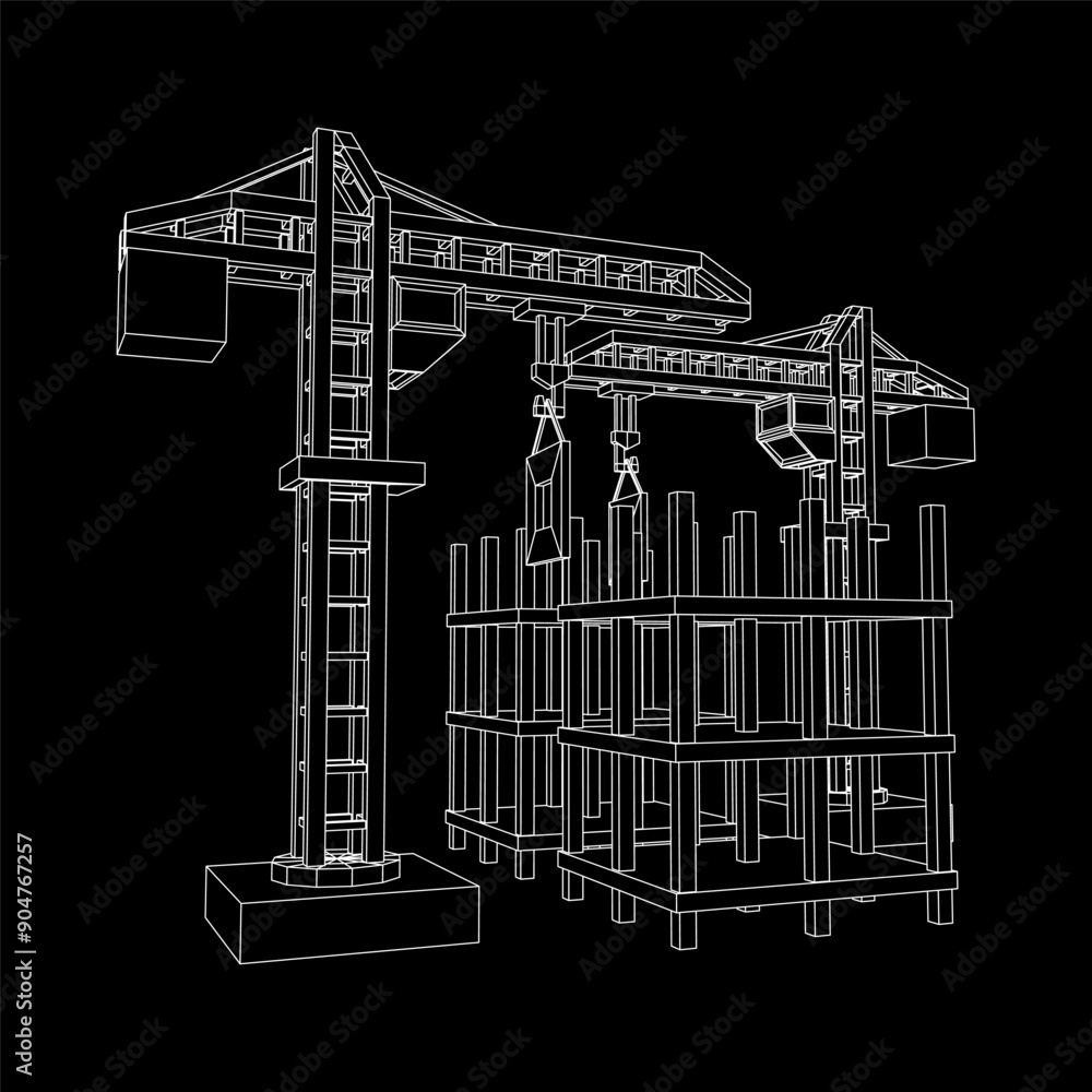 Obraz premium Construction crane tower. Building under construction industrial concept. Wireframe low poly mesh vector illustration.