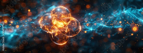 Atom Model: A stylized illustration of an atom, with a central sphere representing the nucleus and smaller spheres orbiting it for electrons. photo