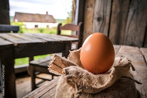 raw fresh egg on sack and wood background photo