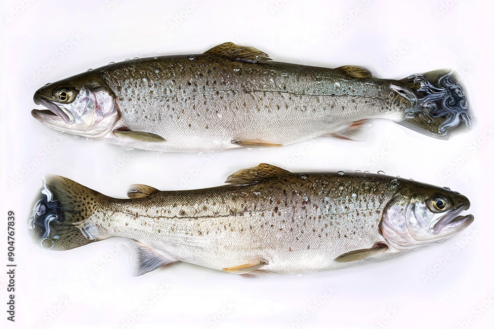 Two freshwater fish, possibly trout, displayed side by side against a white background Two freshwater fish, possibly trout, displayed side by side against a white background