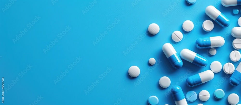 Blue and white pills on blue background Blue and white pills on blue background