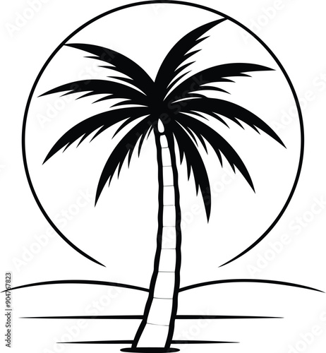 a black and white palm tree with sunset on a white.