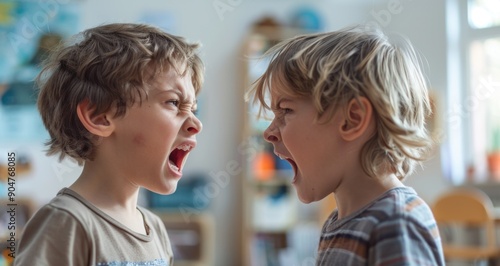 Two boys fighting in classroom
