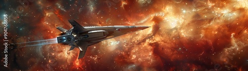 Design a captivating image showcasing a futuristic spacecraft traveling through a vibrant nebula, conveying the excitement and wonder of interstellar travel