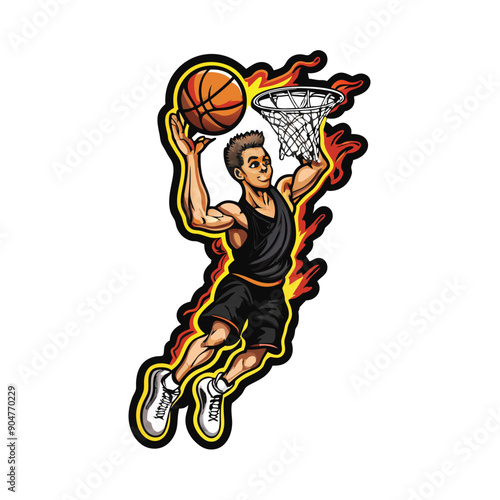 Abstract illustration of a young Caucasian basketball player in mid-air, with vibrant colors and dynamic shapes.