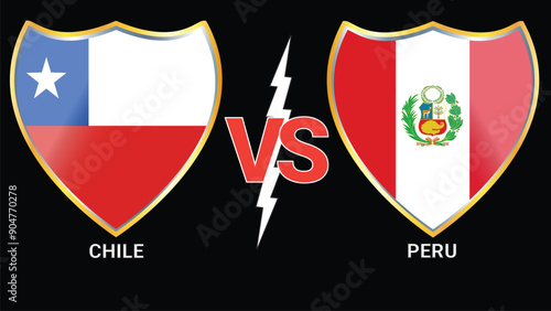 Exciting soccer clash: Chile vs. Peru with black background and versus flags in golden silver frame