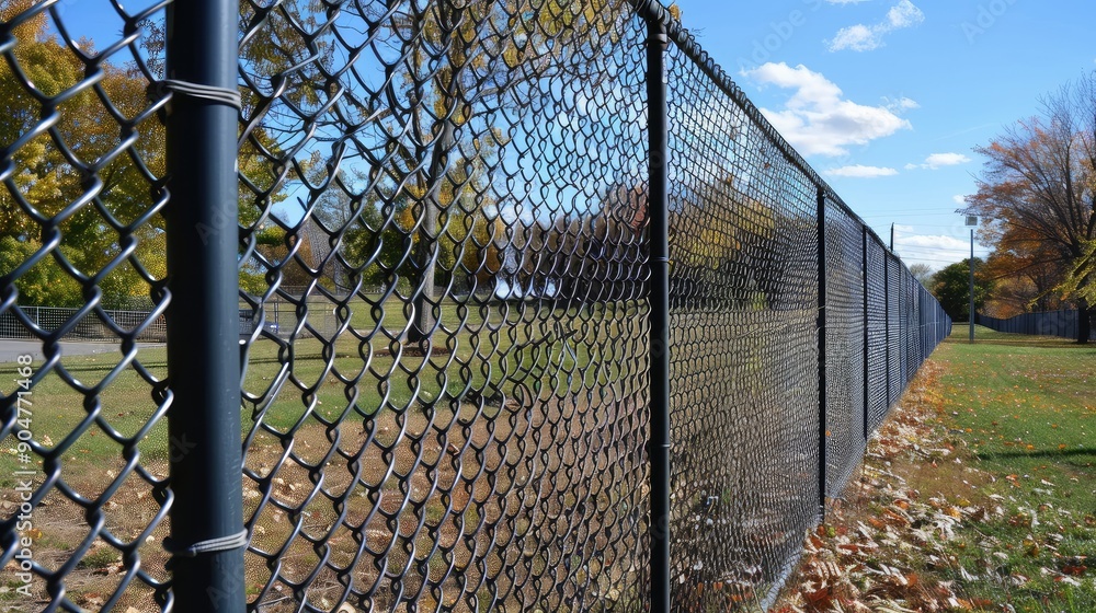 Long Chain-Link Fence in Autumn Park Long Chain-Link Fence in Autumn Park