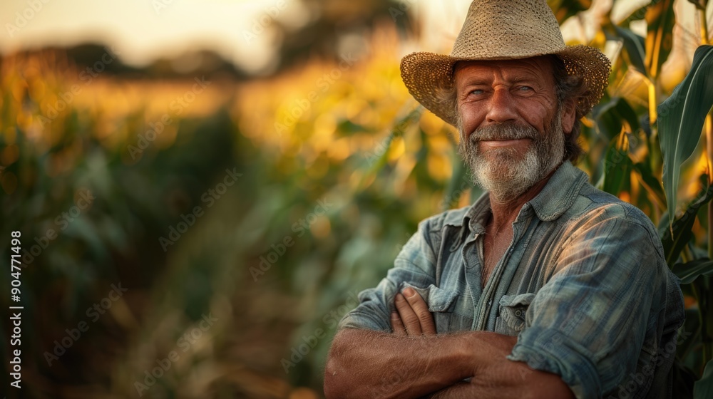 Man standing in a cornfield at sunset Man standing in a cornfield at sunset