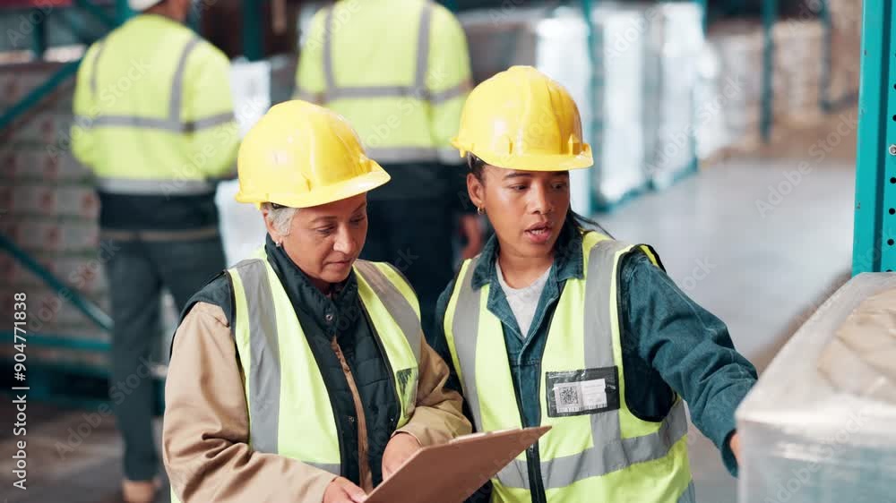 Logistics, discussion and women in warehouse with checklist, inspection or inventory management. Teamwork, planning and people in plant with clipboard for quality control in supply chain distribution Logistics, discussion and women in warehouse with checklist, inspection or inventory management. Teamwork, planning and people in plant with clipboard for quality control in supply chain distribution