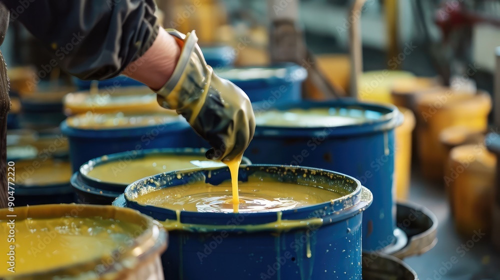 Fototapeta premium Worker Pouring Bright Yellow Paint into Blue Containers
