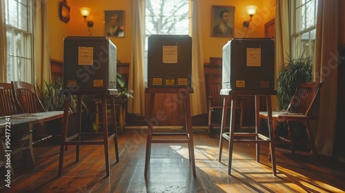 Empty voting booths in a historic room with warm lighting, wooden floors, and vintage portraits, awaiting voters for the election