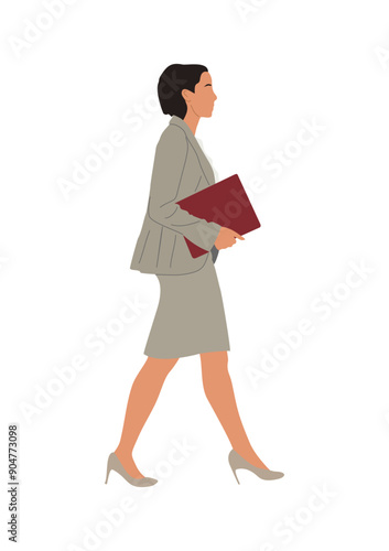 Businesswoman walking. Modern pretty woman in formal office outfit, gray skirt suit with document folder side view. Vector realistic illustration on transparent background.  © Creative_Juice_Art