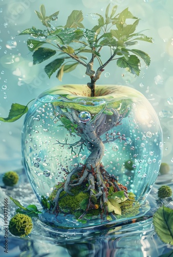 A Tree Growing Inside a Water-Filled Apple