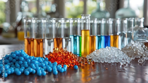 Laboratory Test Tubes and Colored Beads Display photo