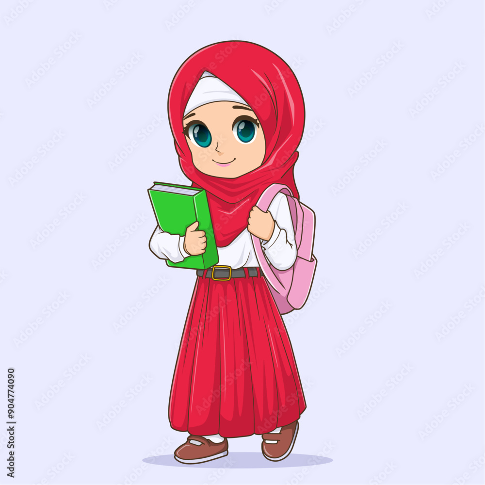 Cute Indonesian elementary school student girl character with hijab and carrying a backpack. cartoon vector illustration Cute Indonesian elementary school student girl character with hijab and carrying a backpack. cartoon vector illustration