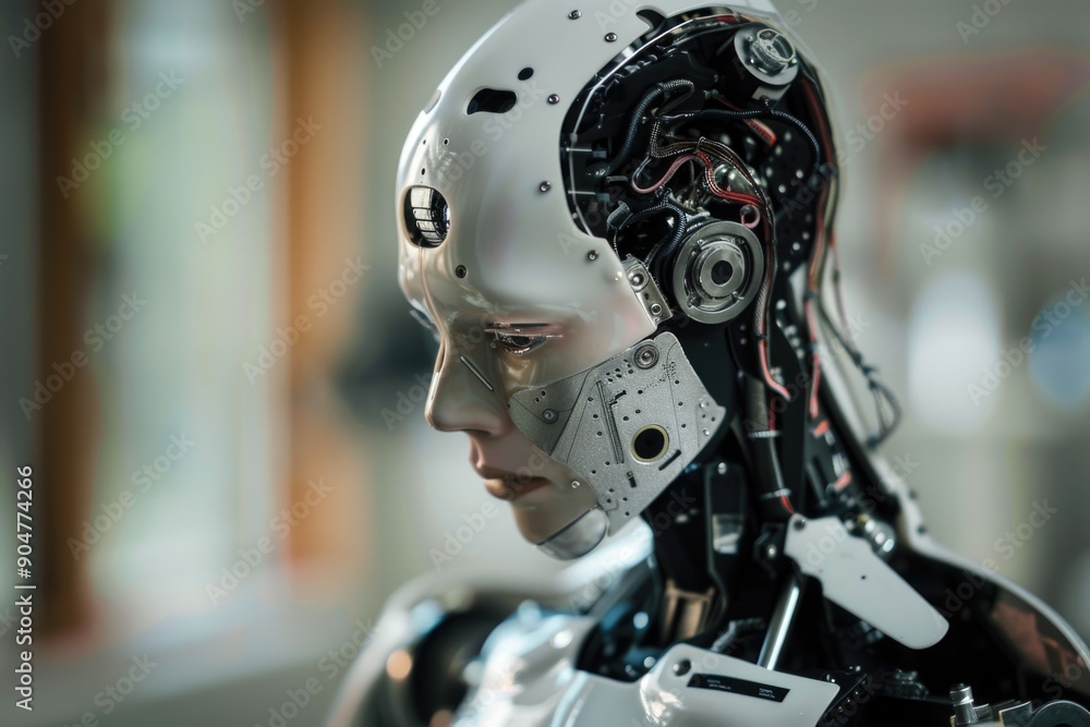 Humanoid robot thinking in data center Humanoid robot thinking in data center