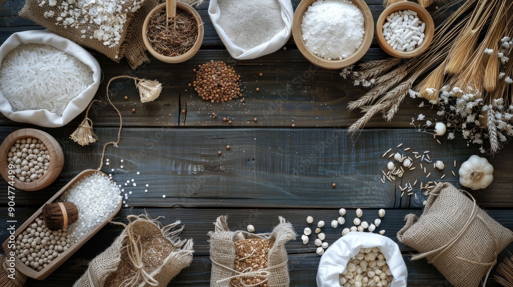 Rustic Grains and Spices on Wooden Table Rustic Grains and Spices on Wooden Table