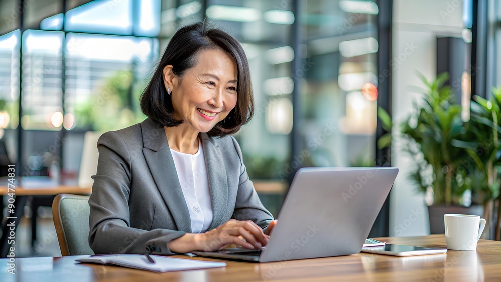 Smiling businesswoman working on laptop Smiling businesswoman working on laptop